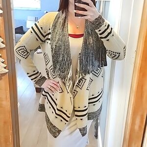 Charming Charlie Aztec Cardigan Open Front Beige Tan Black Boho Sweater